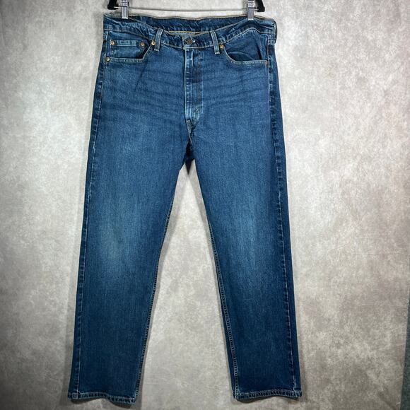 Levi's 505 Jeans Mens 38X32 Blue Dark Wash Denim Straight Pockets Everyday Work - Picture 1 of 11